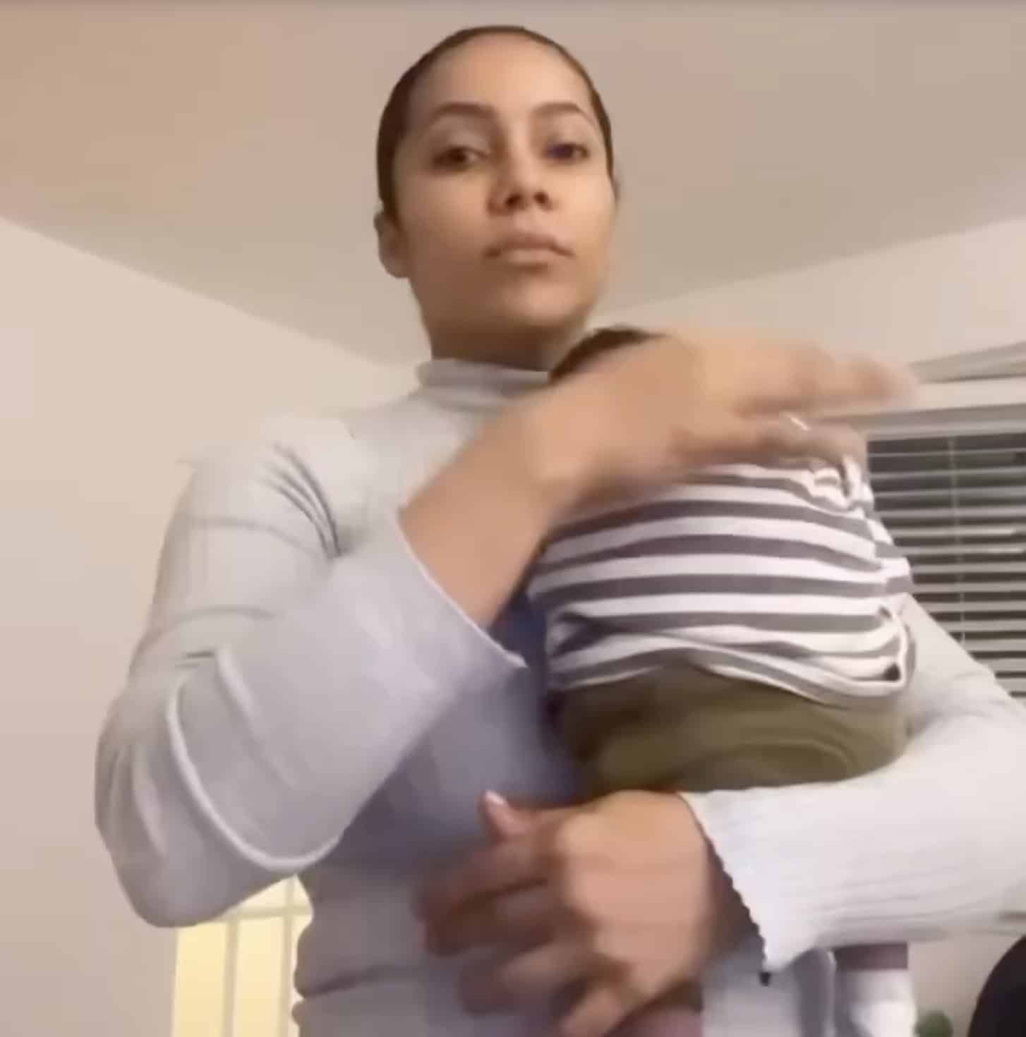 Adorable moment Maria Chike bonds with son as he clocks a month